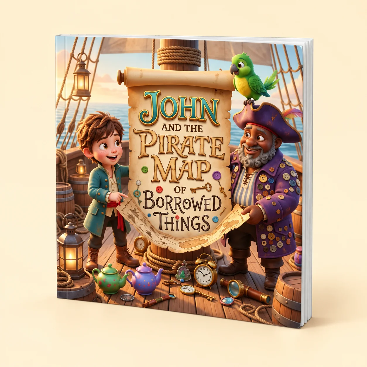Illustrative Softcover mockup featuring John and the Pirate Map of Borrowed Things