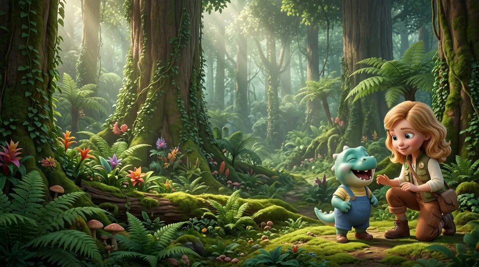 Sample interior illustration: Jane meets a friendly dinosaur in the forest