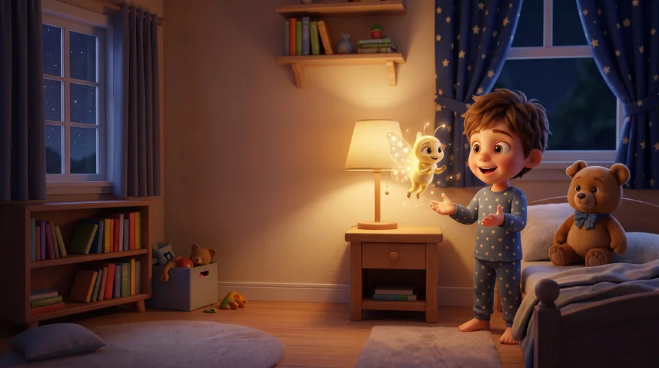 Sample story illustration of John and his glowing bedtime friend