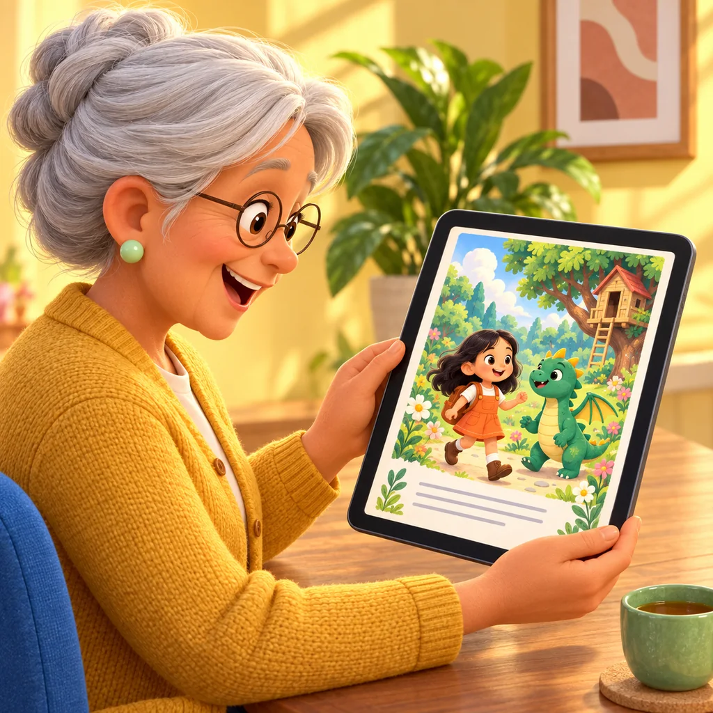 A grandmother reading her grandchild's illustrated storybook, with the entire page contained inside the tablet screen.