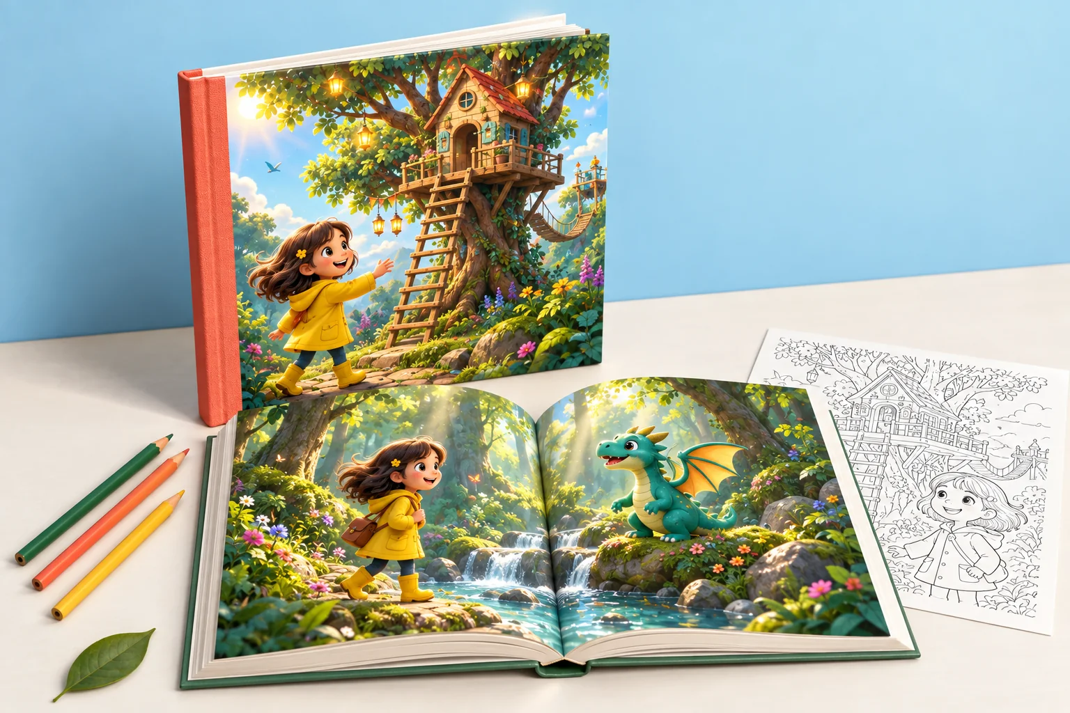 Illustrated hardcover storybooks, with an open forest adventure and printed coloring page.