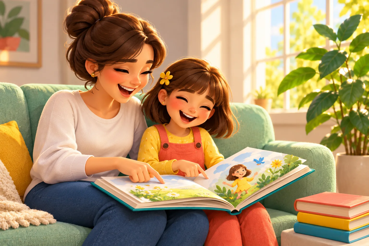 A mother and daughter reading their storybook together.