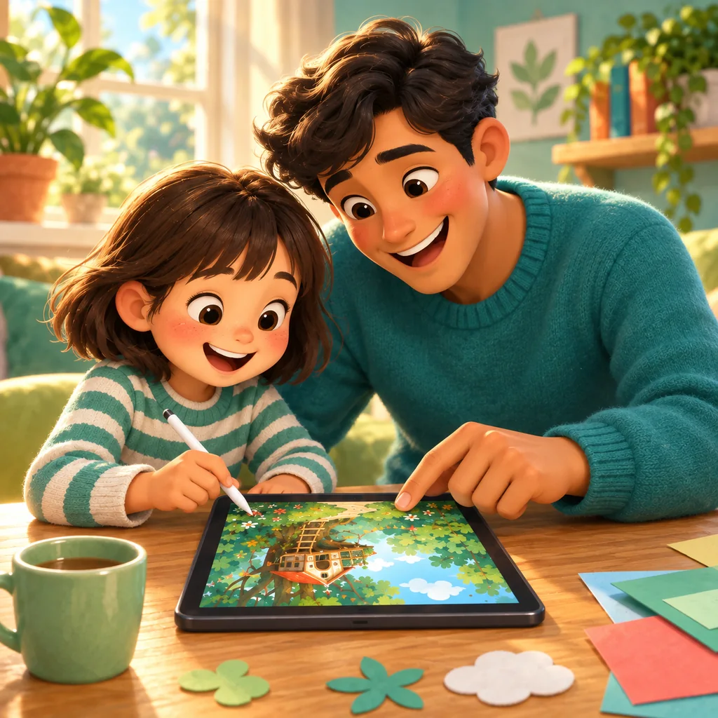 A father and daughter creating a story together, with the tablet illustration facing them.