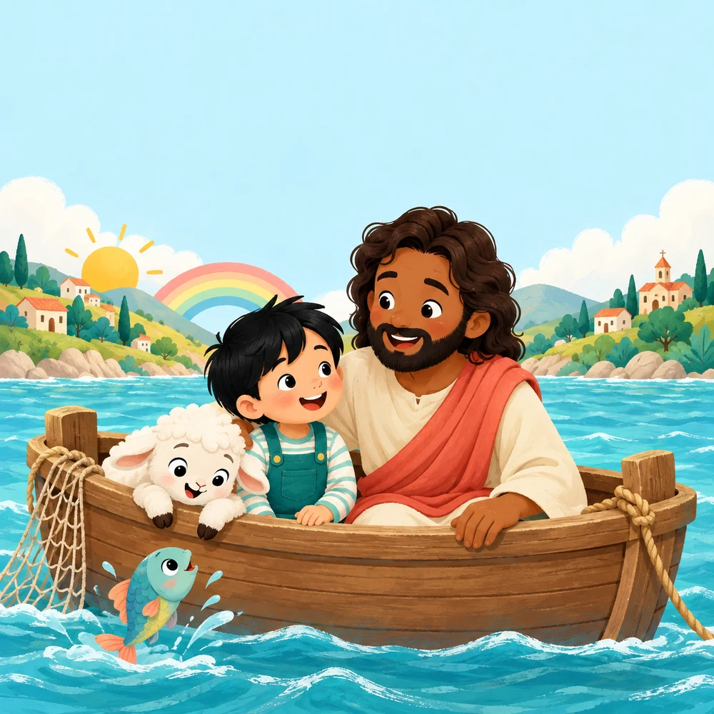 A child and Jesus on an illustrated adventure at sea.