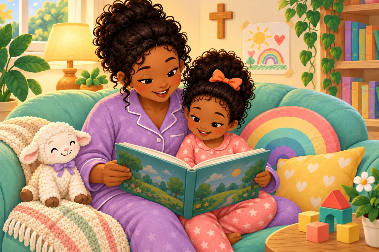 A mother and daughter read together on a cozy sofa, with their storybook facing them.