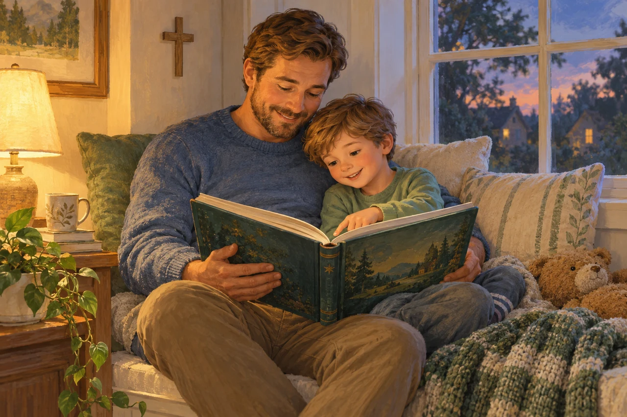 A father and son share a storybook in a warmly lit window nook.