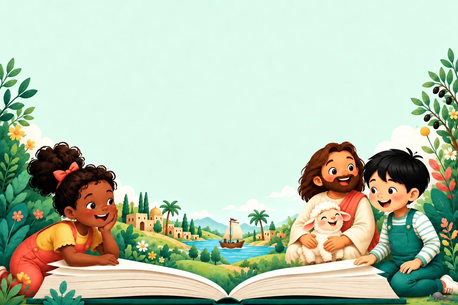 Two smiling children, Jesus, and a fluffy lamb frame an open storybook, with a small biblical village and sailboat among the hills.