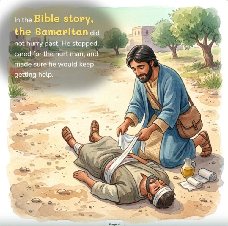 Page 4: The Good Samaritan stops to care for a hurt traveler.