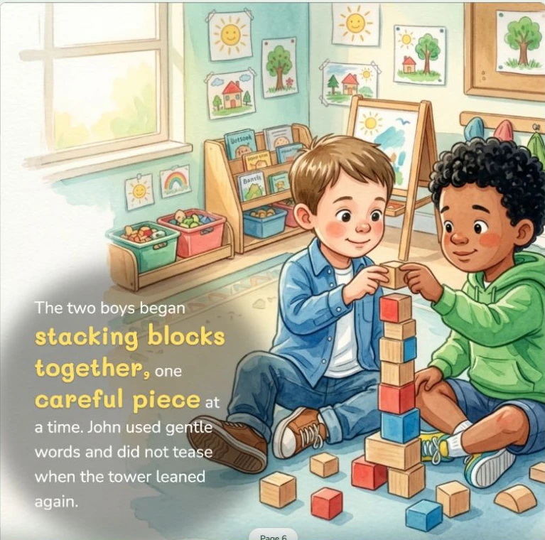 Page 6: John and Eli rebuild their block tower together, using gentle words.