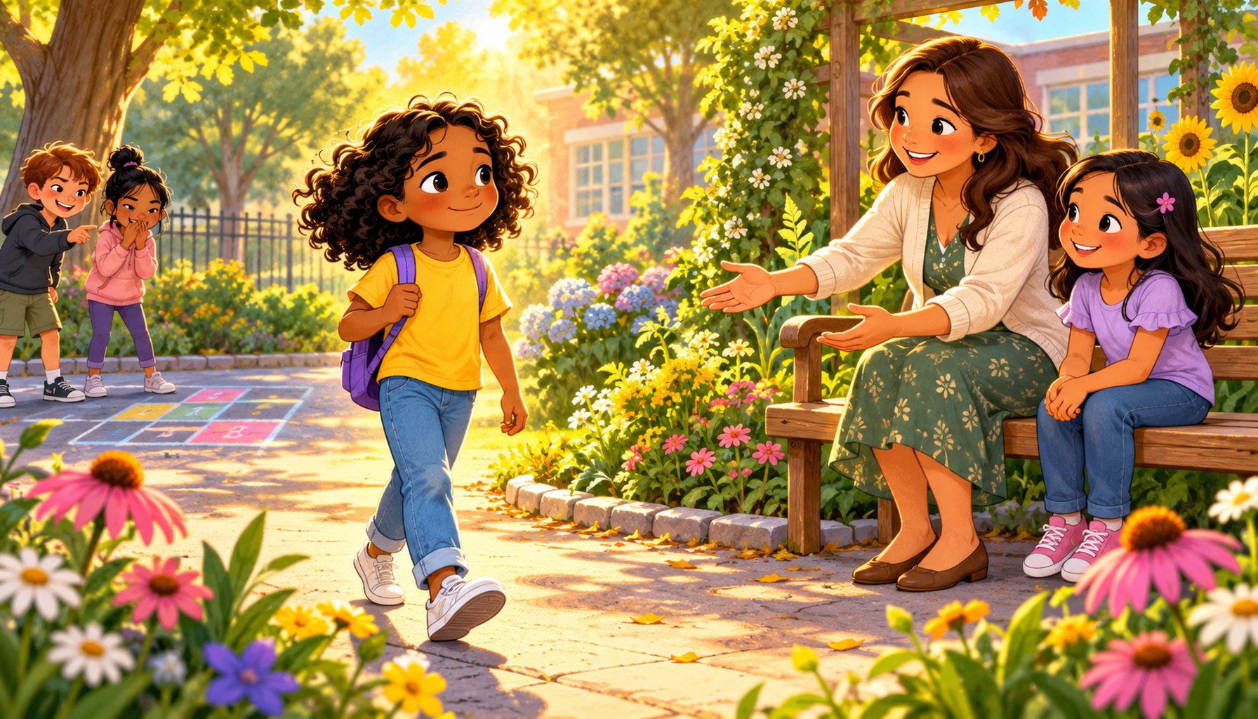 A child walks away from teasing toward a welcoming adult and friend in a sunny school garden.