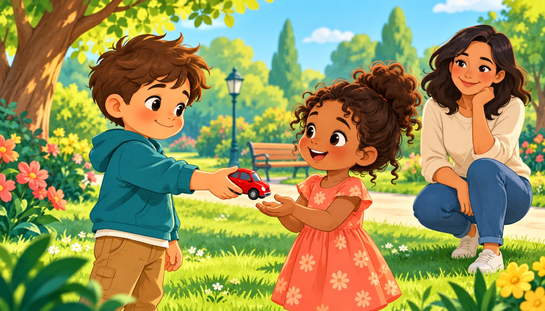 A child returns a red toy car to another child in a sunny park while a caring adult watches.