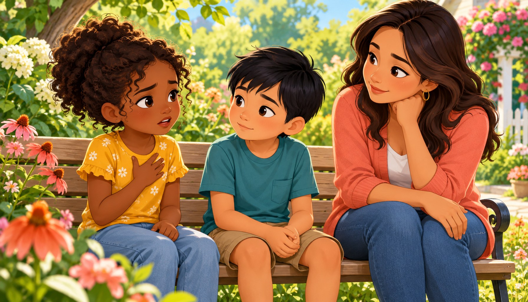 A parent listens beside two children on a garden bench