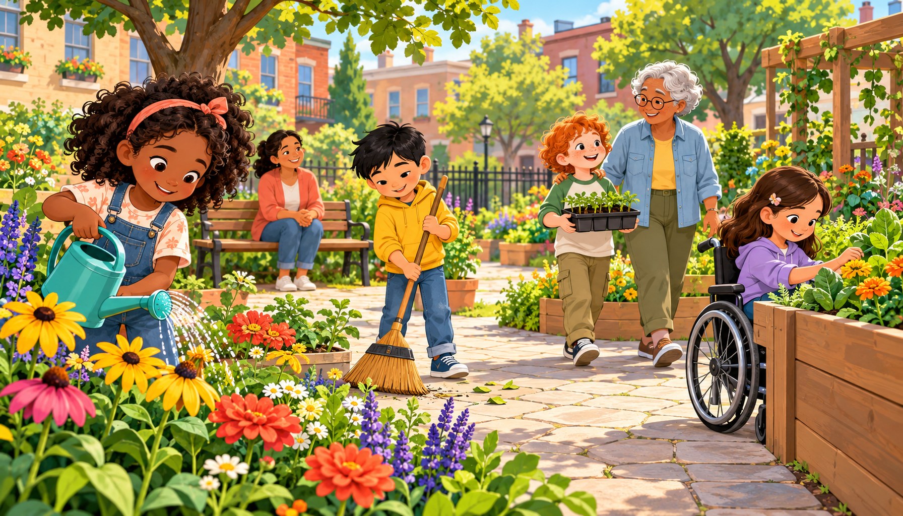 Diverse children water flowers, sweep a path, and tend an accessible raised bed together in a sunny neighborhood garden.