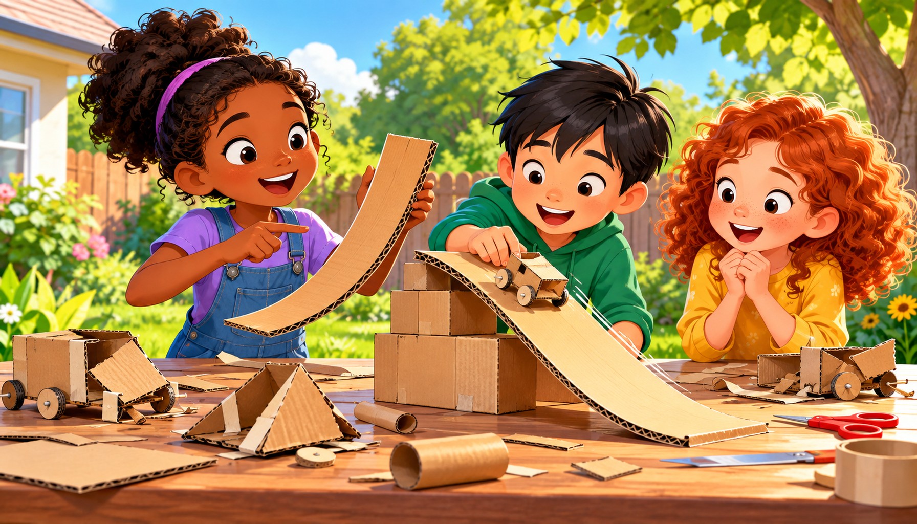 Three children explore resourcefulness by building cardboard cars and a ramp together.