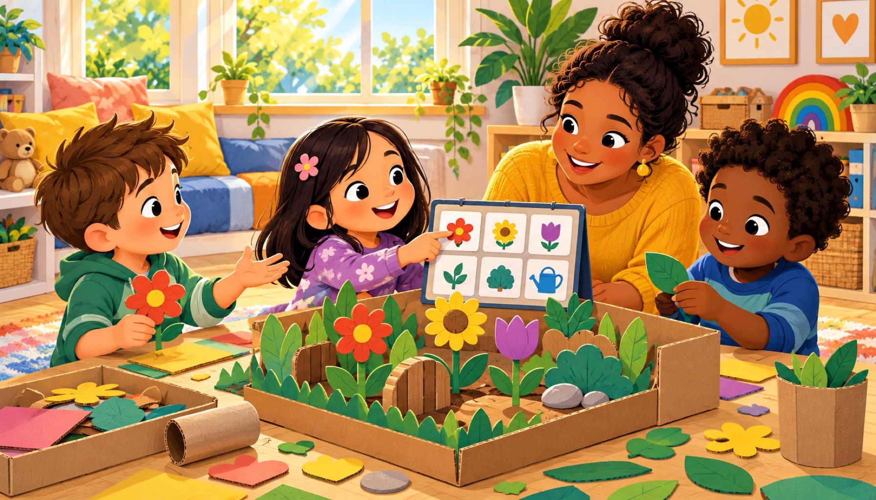 Children and a parent sharing a garden activity with a picture communication board