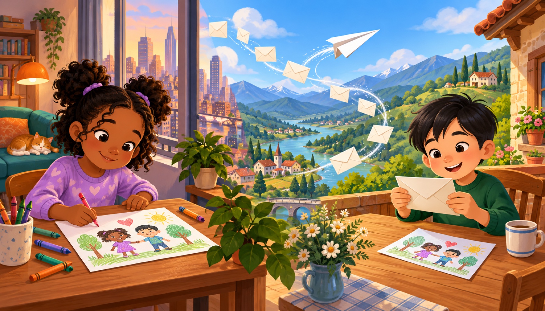 Two children in different homes exchange drawings and letters to stay close as friends.