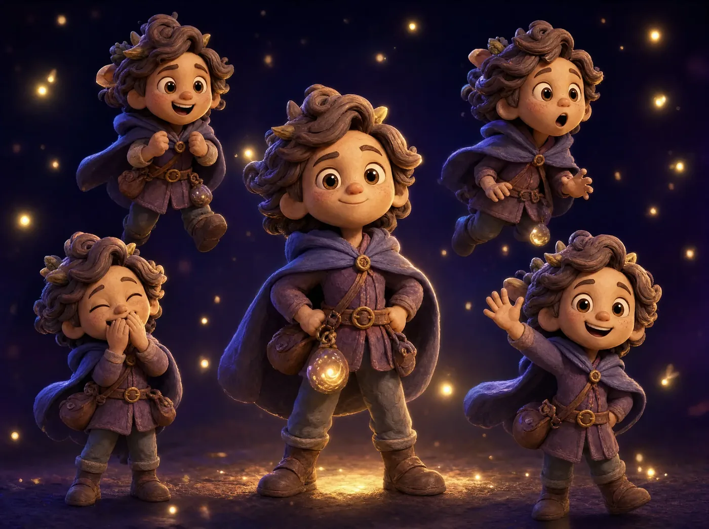 A character model sheet showing one hero in many poses