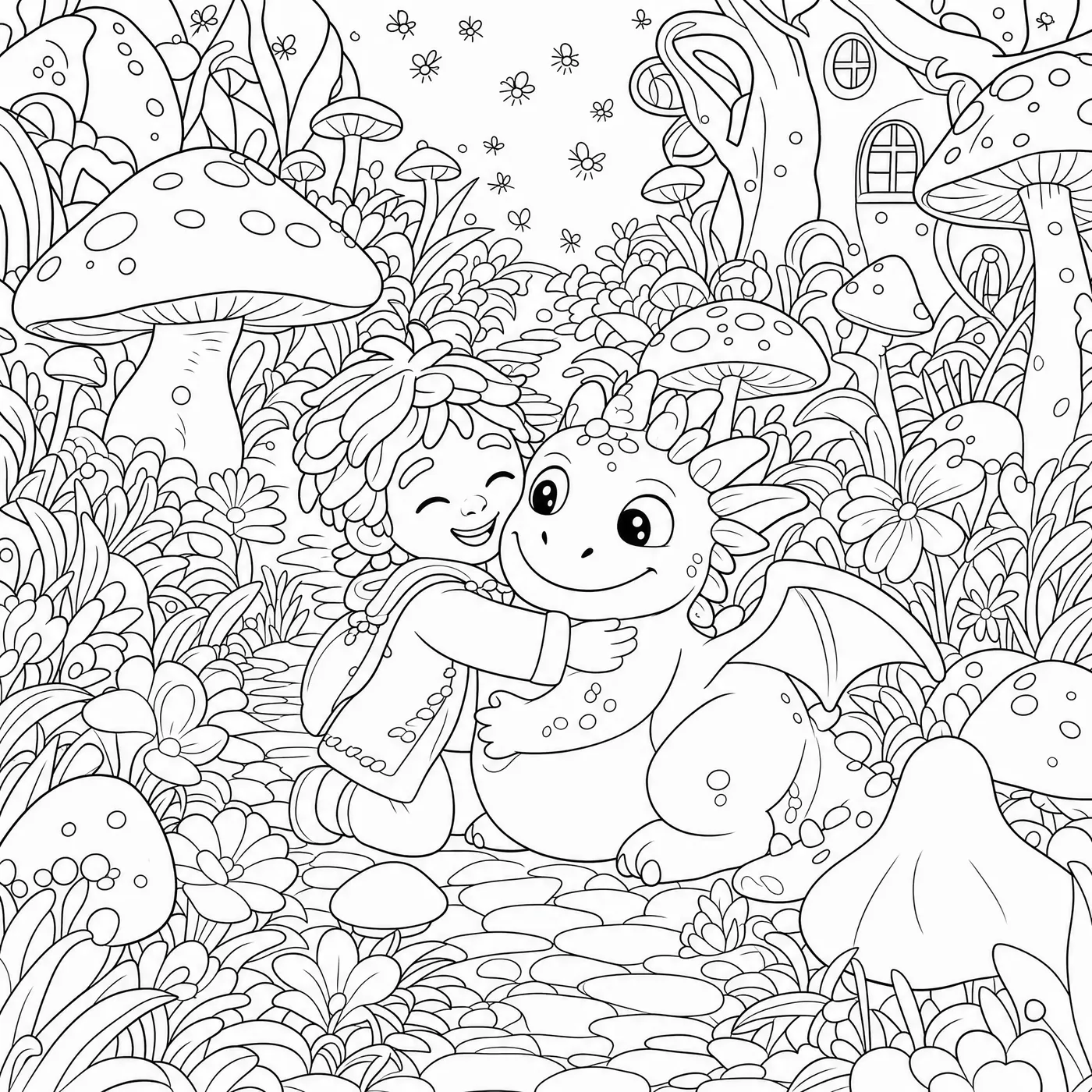 The same scene as a coloring book page