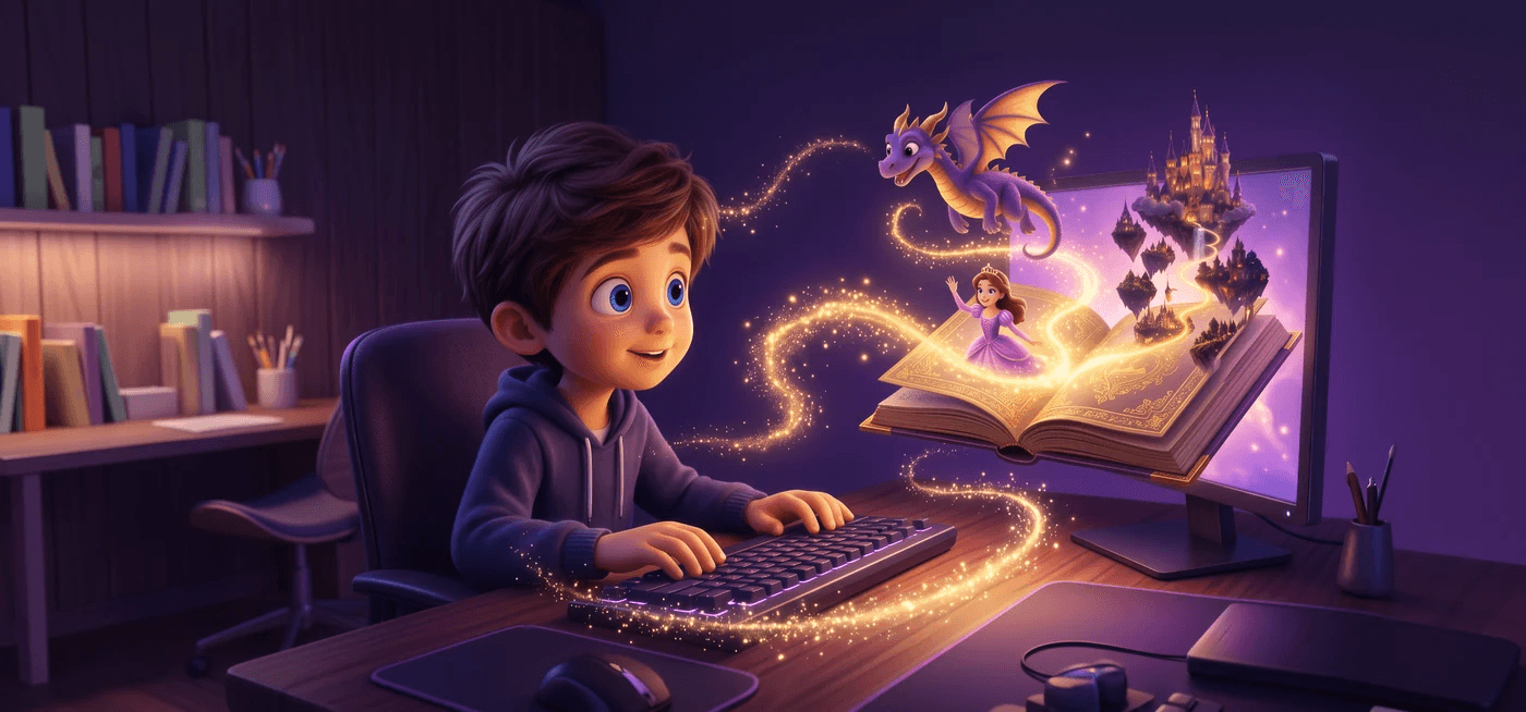 A child creating a magical storybook on a computer