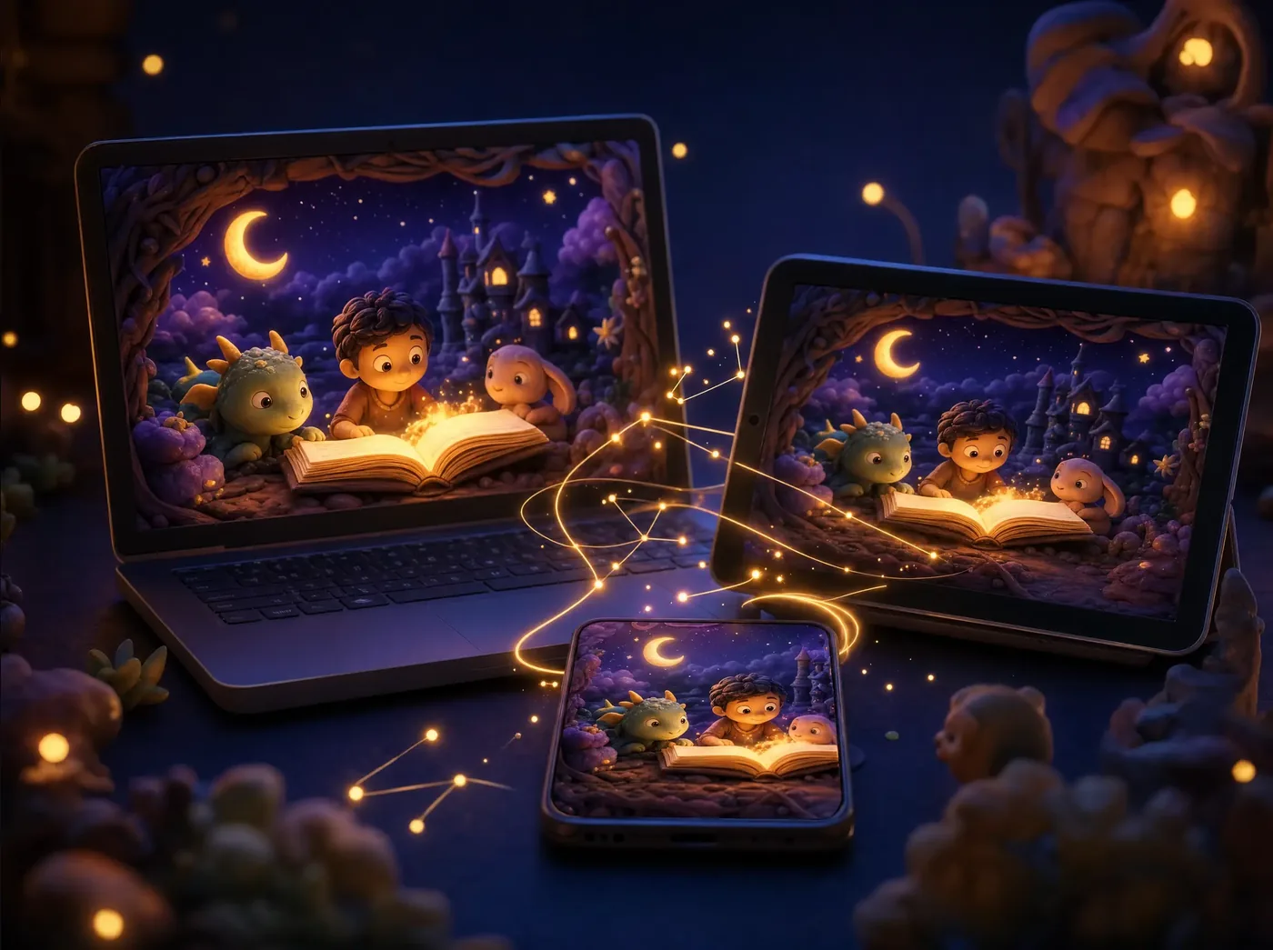 The same book shared across laptop, tablet and phone
