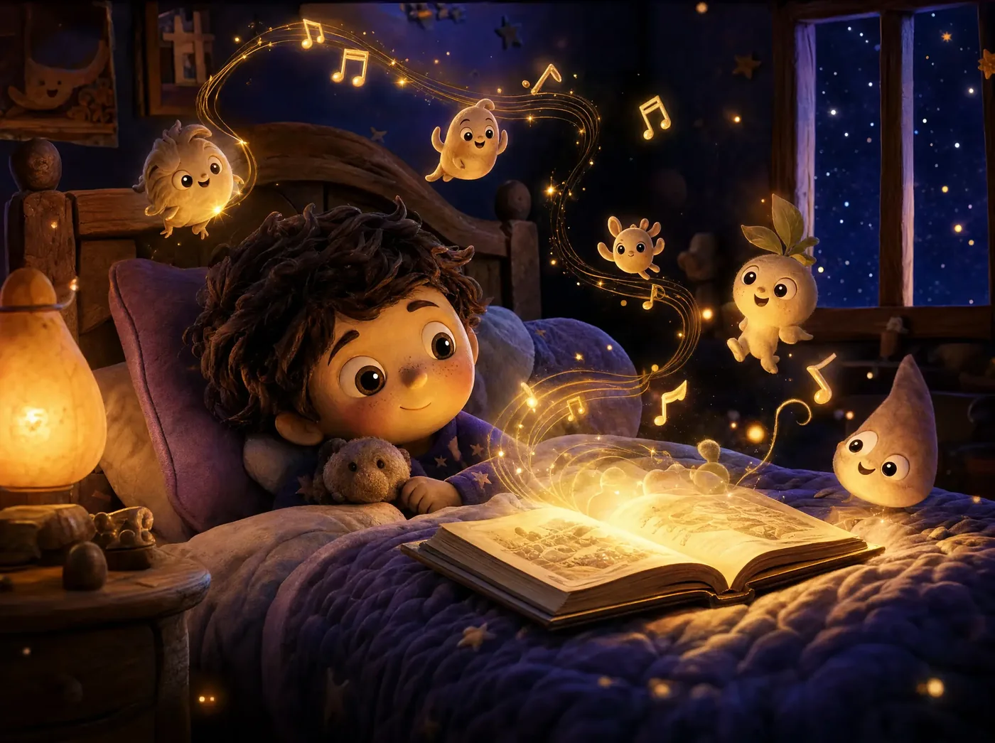 A child listening to a narrated story at bedtime