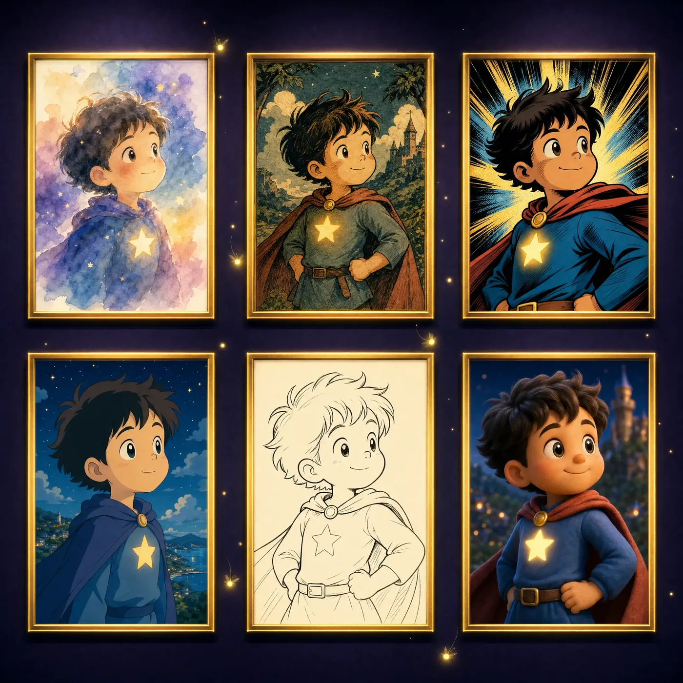 The same character drawn in six different art styles