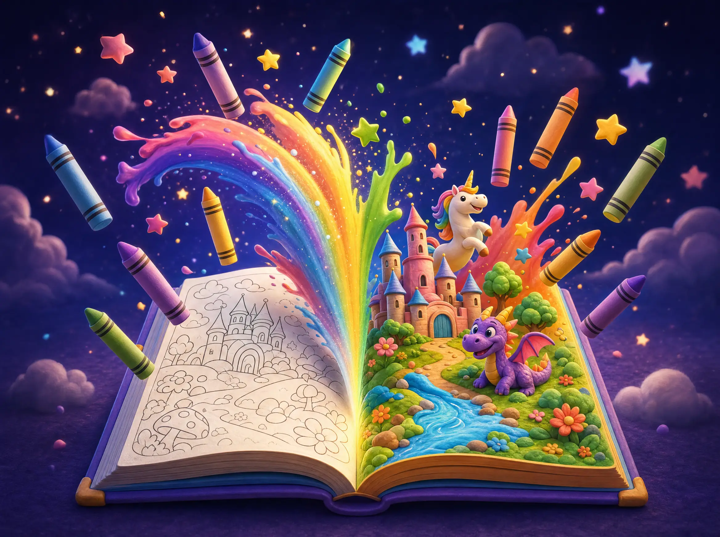 A magical coloring book bursting with color and crayons