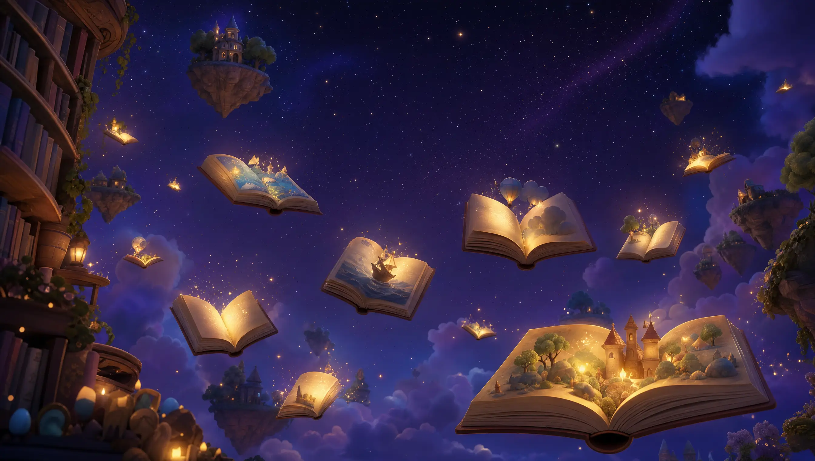A child surrounded by floating, glowing magical storybooks