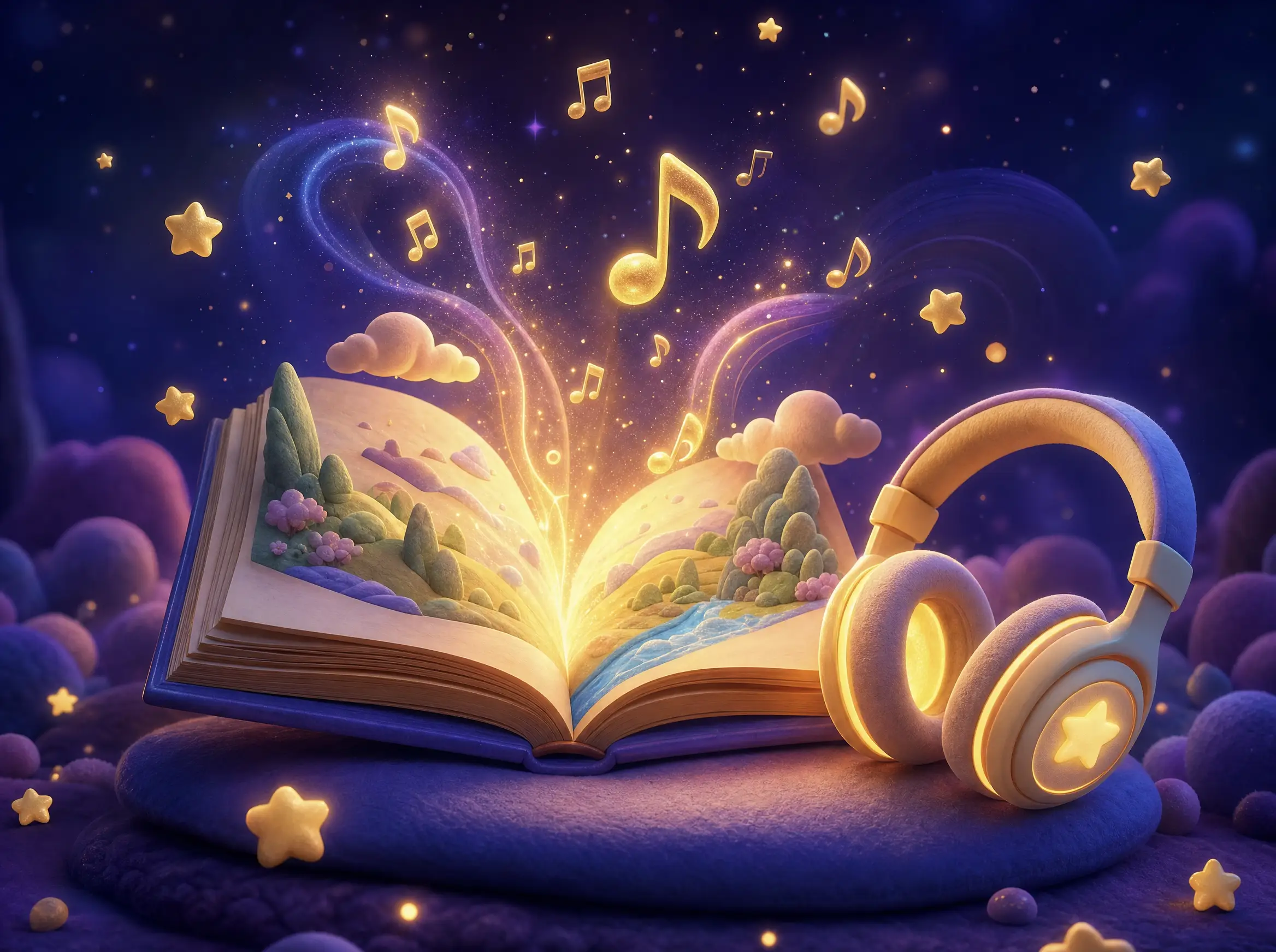 A magical book with glowing music notes and sound