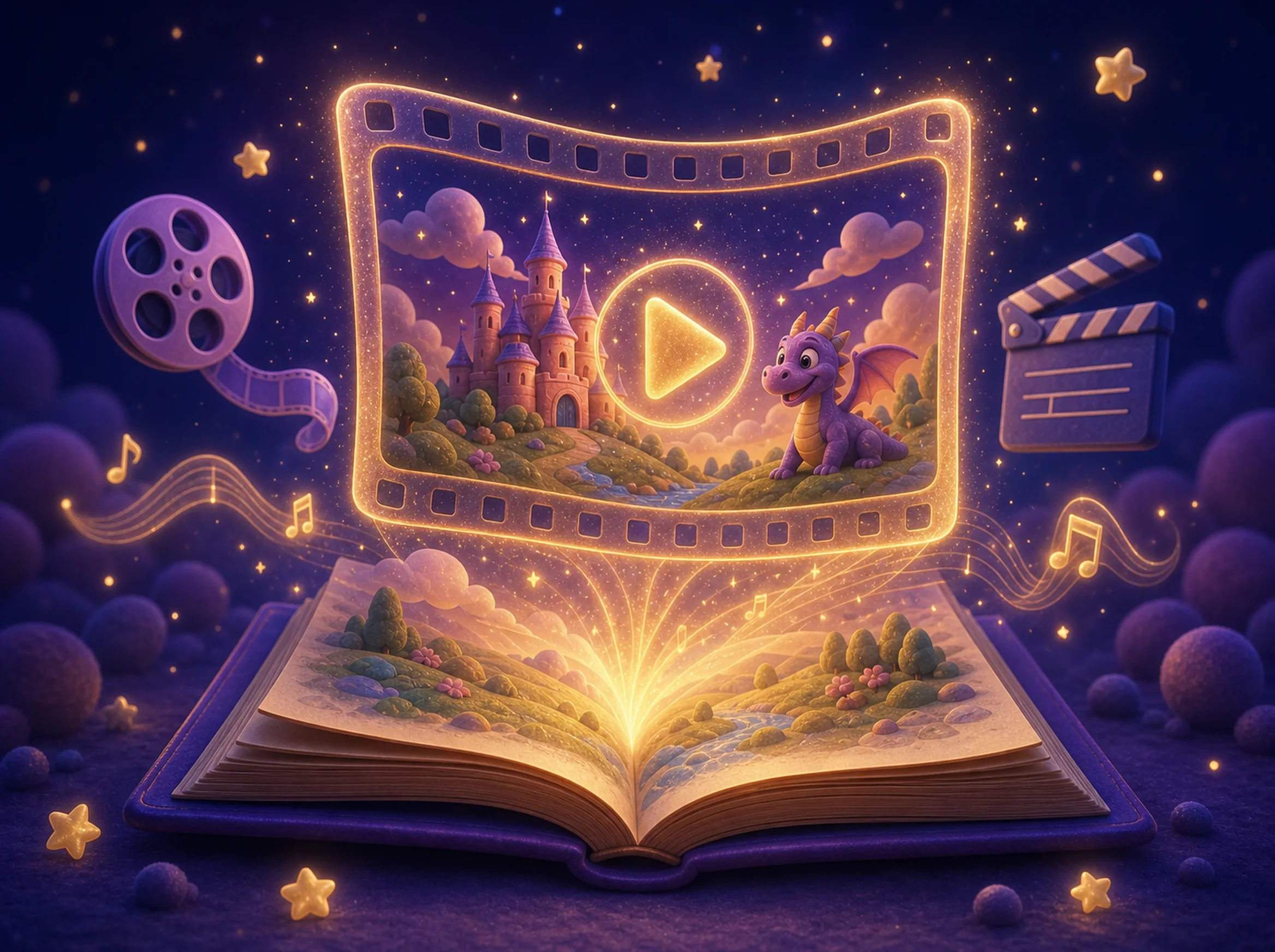 A magical storybook transforming into a glowing StoryMovie video scene