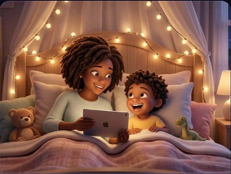 A parent and child smiling at a bedtime Scrively story on a tablet