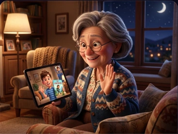 A grandmother waving while reading a Scrively story on a tablet
