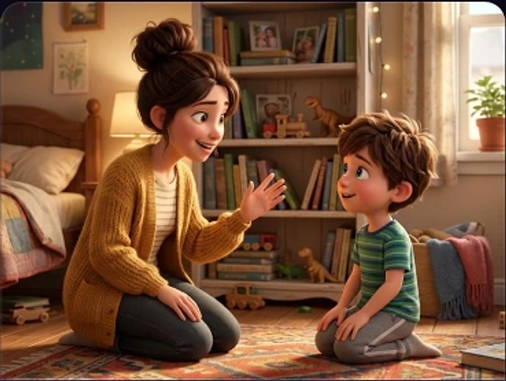 A parent talking with a child in a warm bedroom