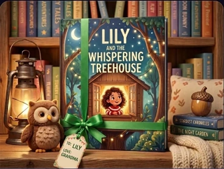 A personalized Lily and the Whispering Treehouse book displayed as a gift