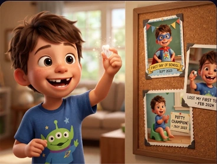 A smiling child beside milestone photos on a corkboard
