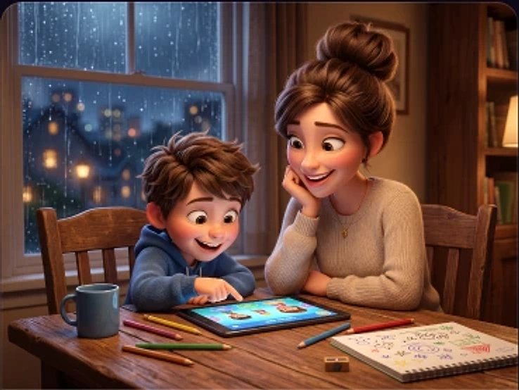 A mother and child making a Scrively story together on a rainy afternoon