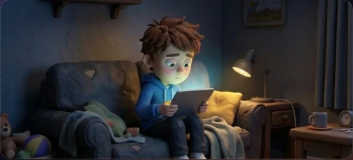 A child sitting alone with a tablet in a dark room