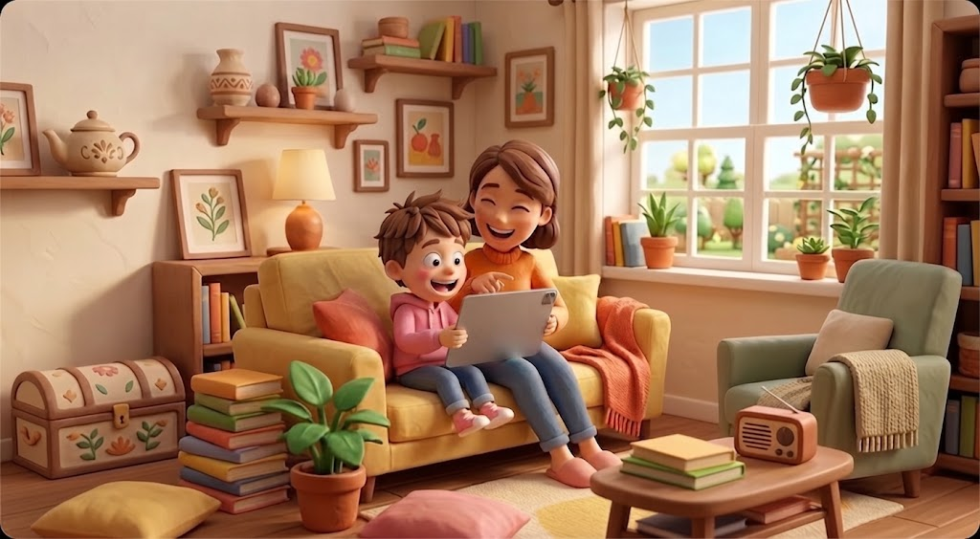 A parent and child smiling together while reading on a tablet