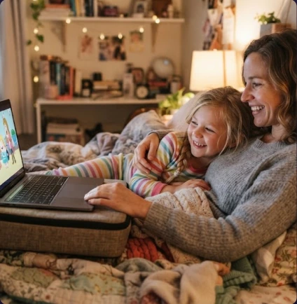 A mother and daughter smiling at a Scrively story on a laptop at bedtime